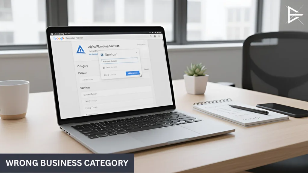 Laptop showing Google Business Profile category settings with an incorrect business category selected. (2)