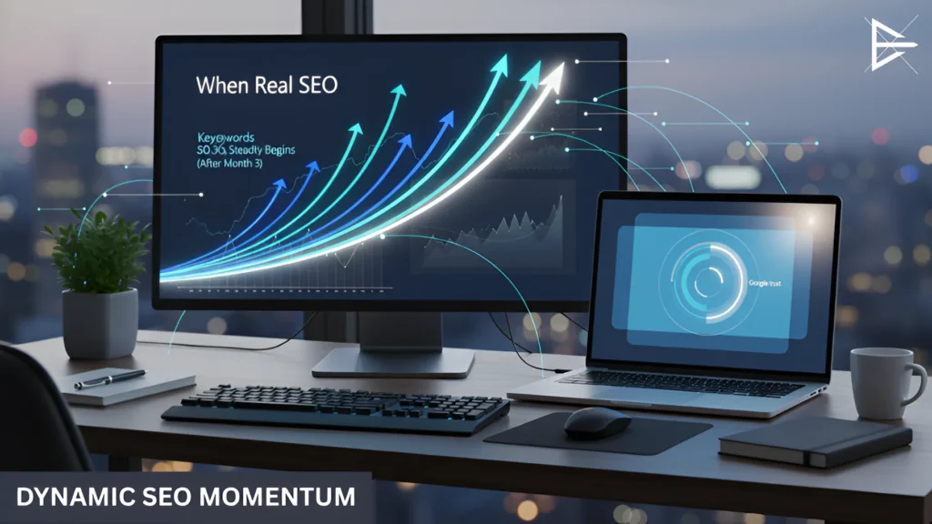 Workspace with dual monitors showing rising SEO graphs and analytic arrows.
