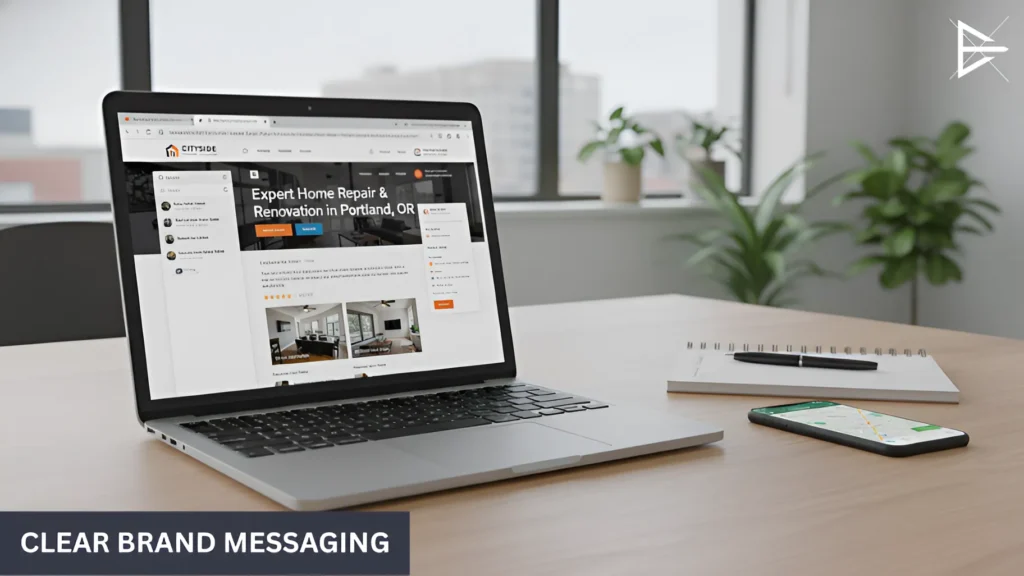 Laptop displaying a service website with clear headlines and visible offerings in a clean workspace.