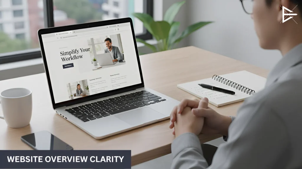 Business owner reviewing a website homepage on a laptop to understand overall layout and messaging clarity.