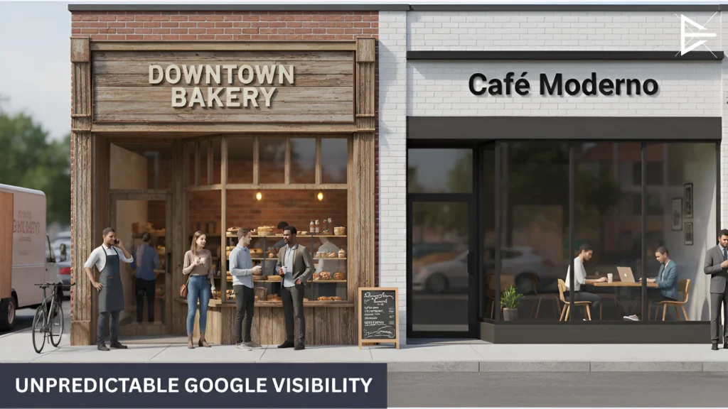 Real-world business district with a focus on Google Maps showing a coffee shop’s location compared to competitors.