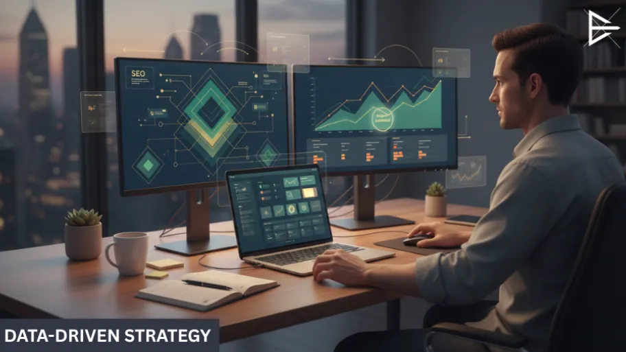 SEO specialist working at desk with advanced analytics interfaces on multiple screens.