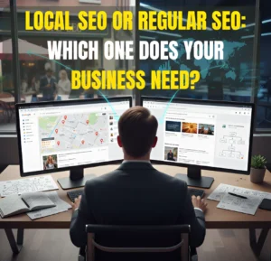 SEO strategy comparison between Local SEO with Google Maps and Regular SEO with global reach.