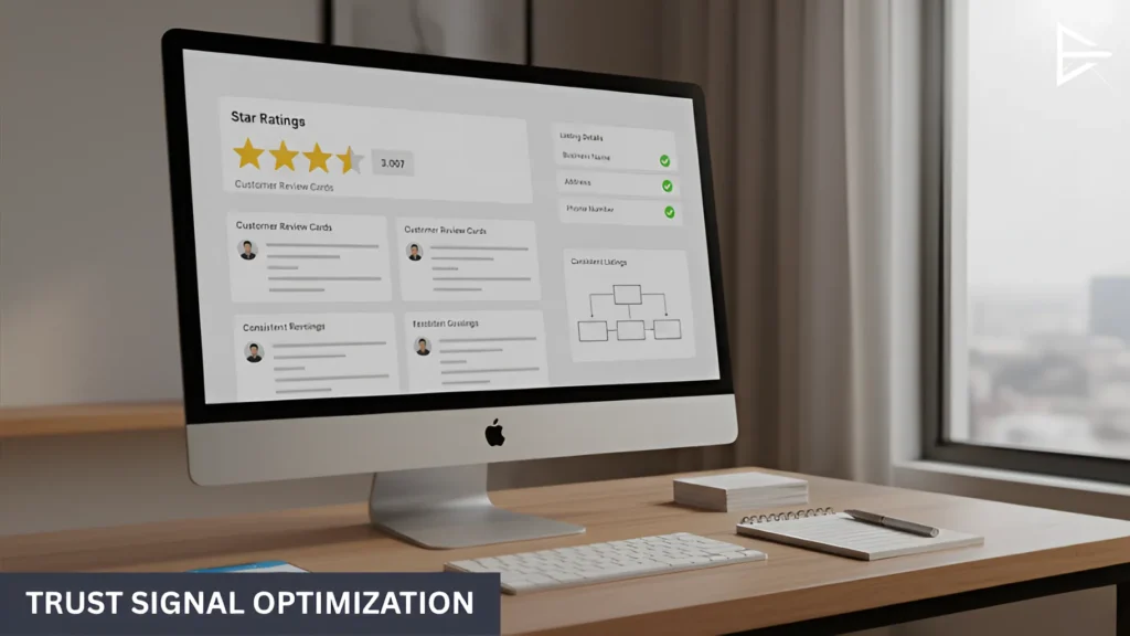 “Screen showing star ratings, customer review cards, and verified listing details, emphasizing trust signal optimization for SEO.”