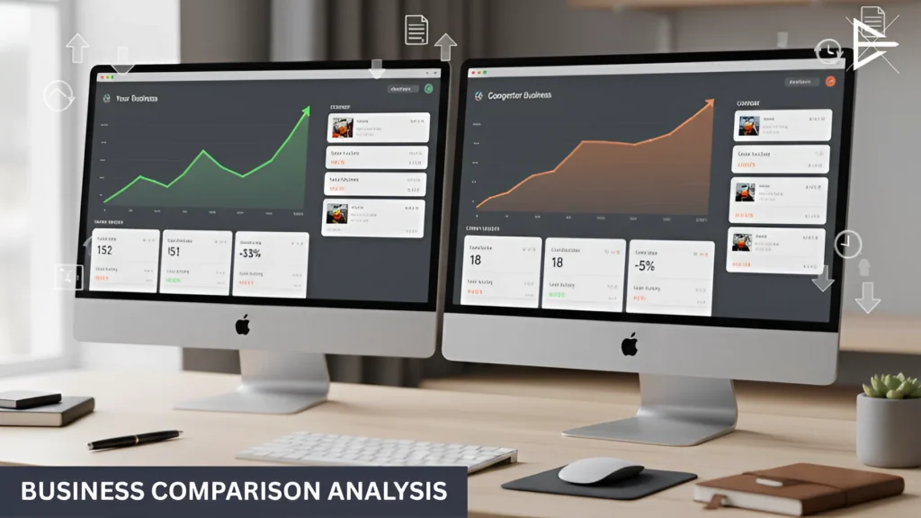 “Side-by-side business comparison analysis charts comparing website metrics, growth trends, and competitor performance.”