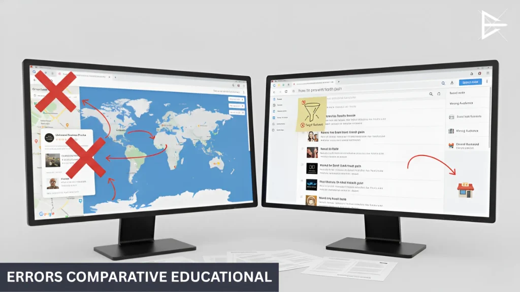 Side-by-side comparison of Local SEO and Regular SEO mistakes, featuring incorrect map results and irrelevant national keywords.