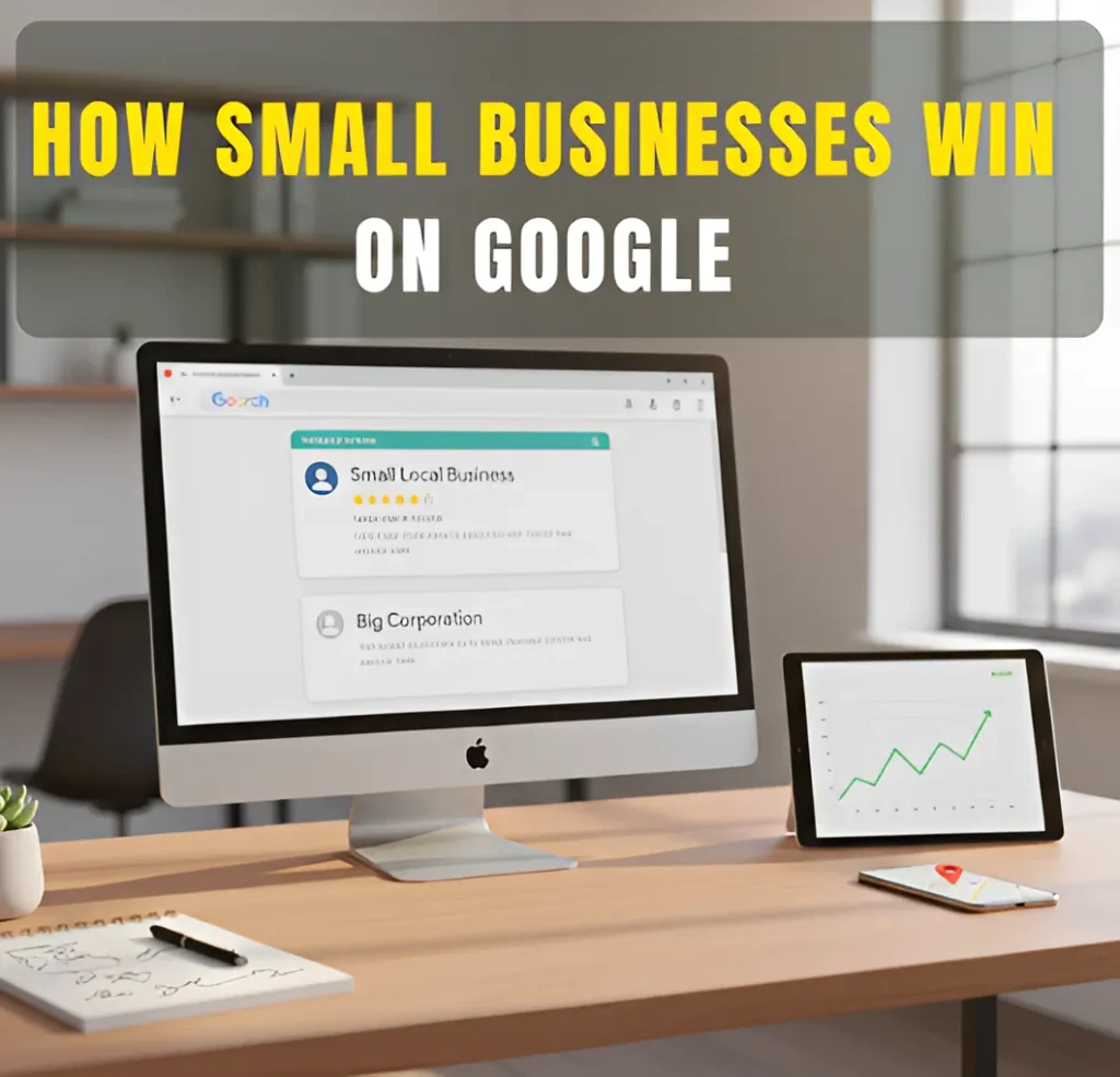 Small local business ranking above a big corporation on a computer screen, illustrating how small businesses can win on Google through smart SEO strategies.