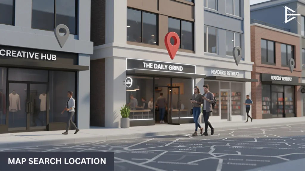 Street view showing a business owner looking at Google Maps on a tablet, noticing their business missing while competitors appear.