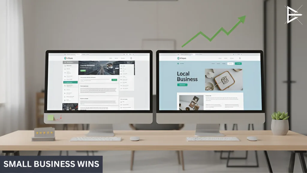 “Two computer monitors comparing a big corporation website with a local business website, showing how small businesses can outperform larger brands online.”