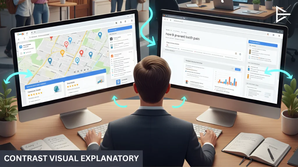 Visual comparison of Local SEO (Google Maps) and Regular SEO (broader search results), showing how different strategies apply to businesses.