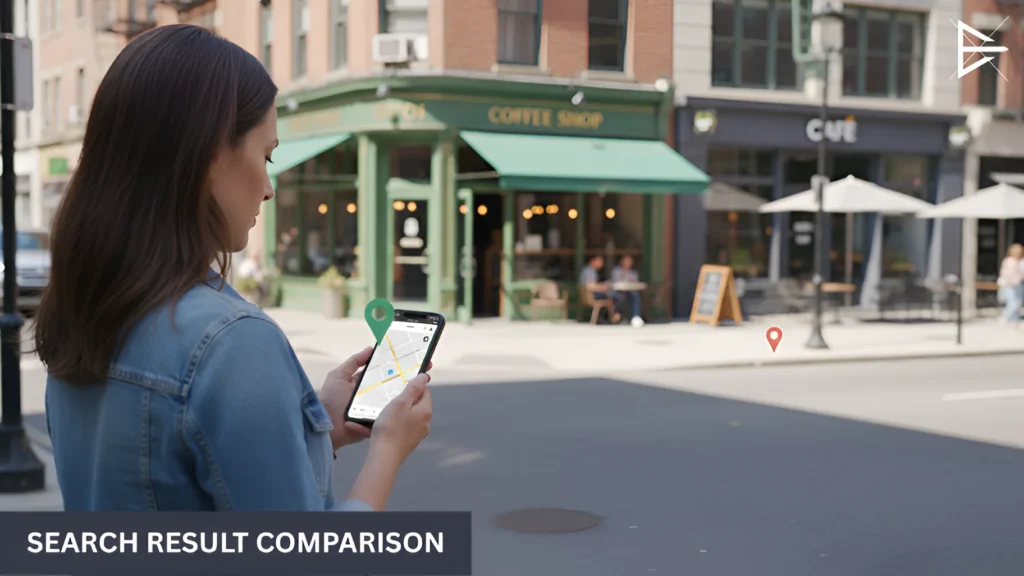 Woman reviewing Google Maps on her phone, comparing search results between two nearby businesses.