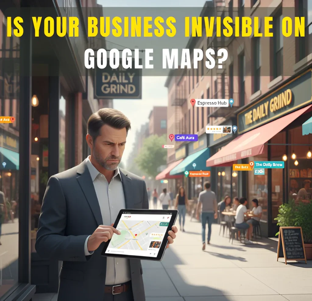 "Business owner frustrated while checking Google Maps on a tablet, noticing his business missing while competitors are visible."