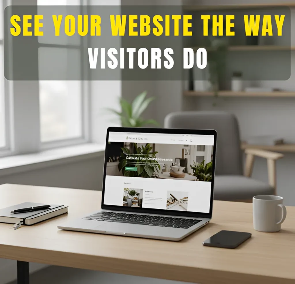 Laptop displaying a business website on a desk in a clean office setting, representing reviewing a website from a visitor’s perspective.