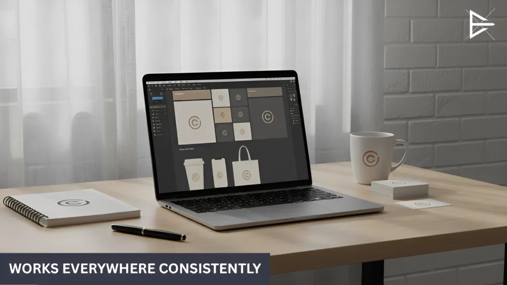 Brand identity elements applied consistently across digital and print mockups