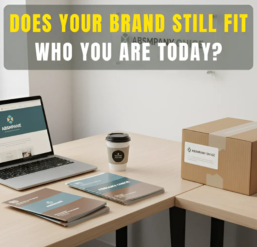 Brand materials, packaging, and a laptop arranged on a desk to reflect a business evaluating whether its branding still fits its current identity.