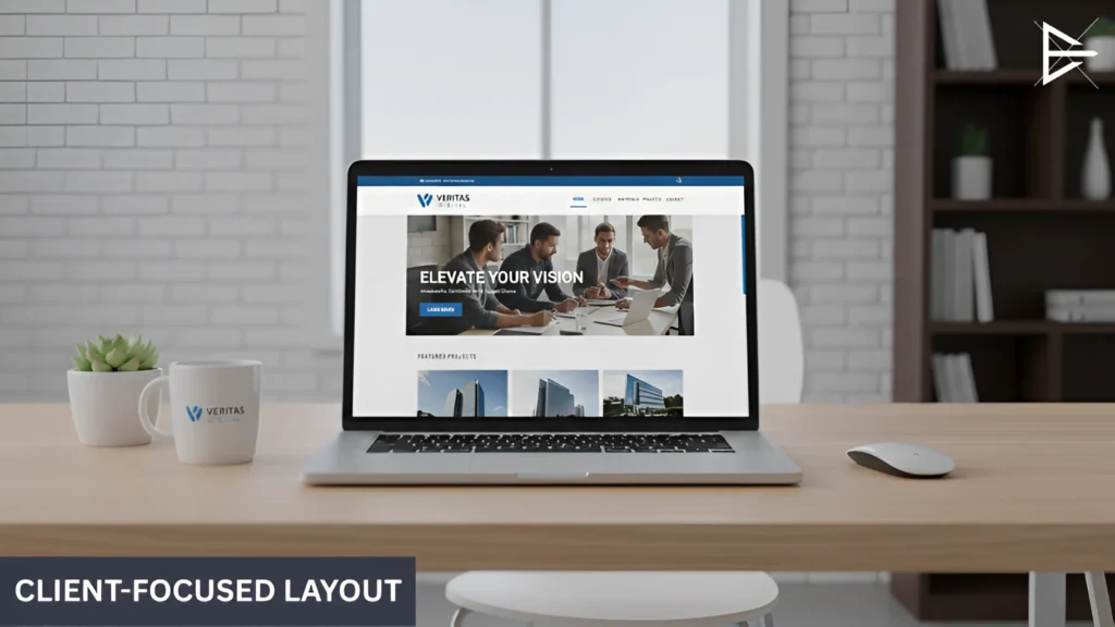 Client-focused website layout shown on a laptop in a minimalist office setting.