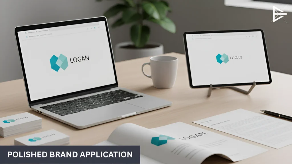Consistent logo usage across laptop, tablet, and printed brand materials in a well-lit workspace.