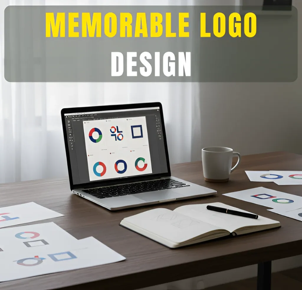 Designer workspace with a laptop displaying logo concepts, sketches, and color variations, illustrating memorable logo design principles.