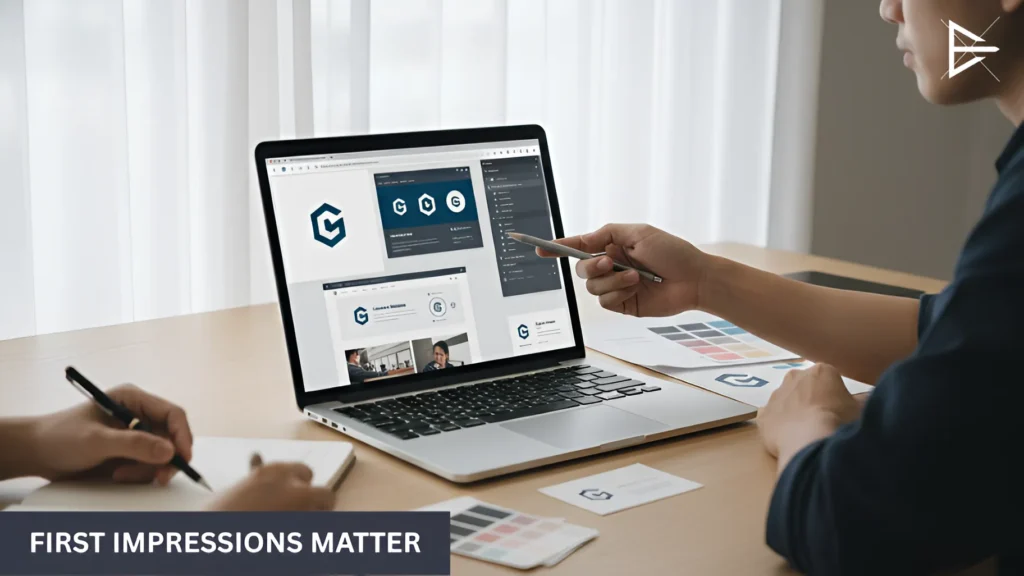 Designers reviewing a logo concept on a laptop during a branding discussion