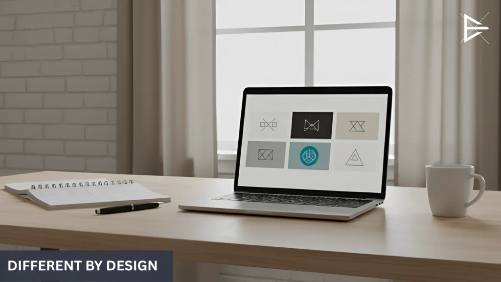 Distinct logo symbols shown on a laptop highlighting unique design choices