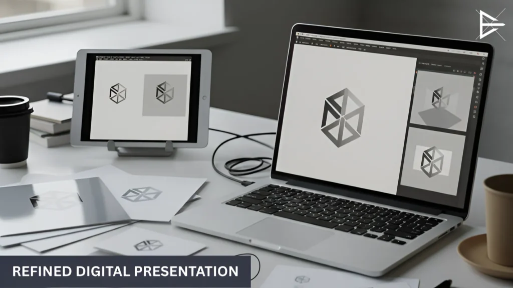 Laptop and tablet displaying logo design variations and brand assets in a clean, minimal digital workspace.