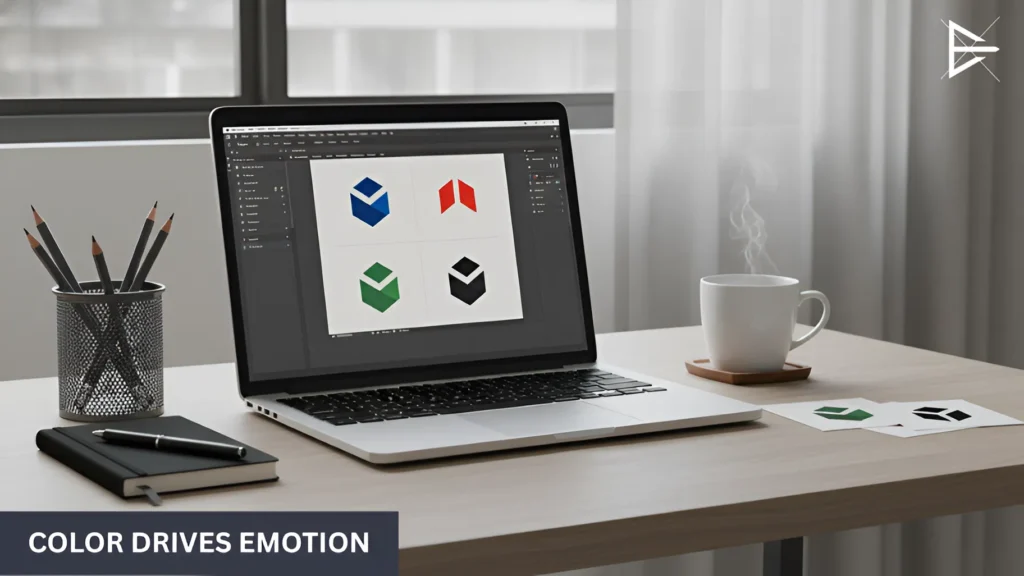 Laptop showing logo designs in different colors to explore emotional impact
