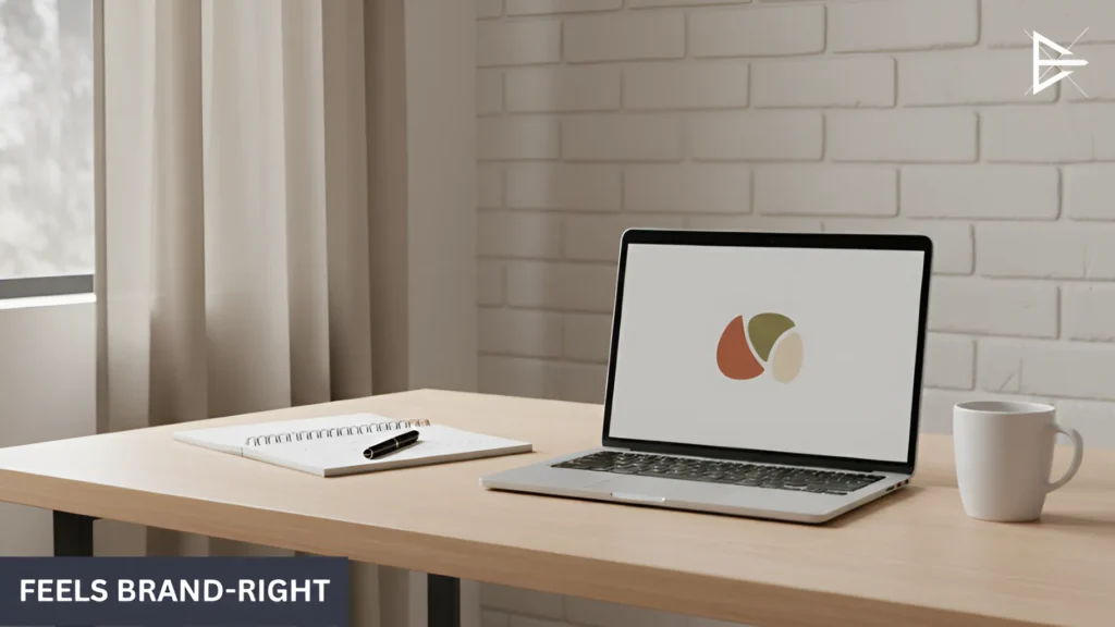 Minimal logo displayed on a laptop in a calm, balanced workspace