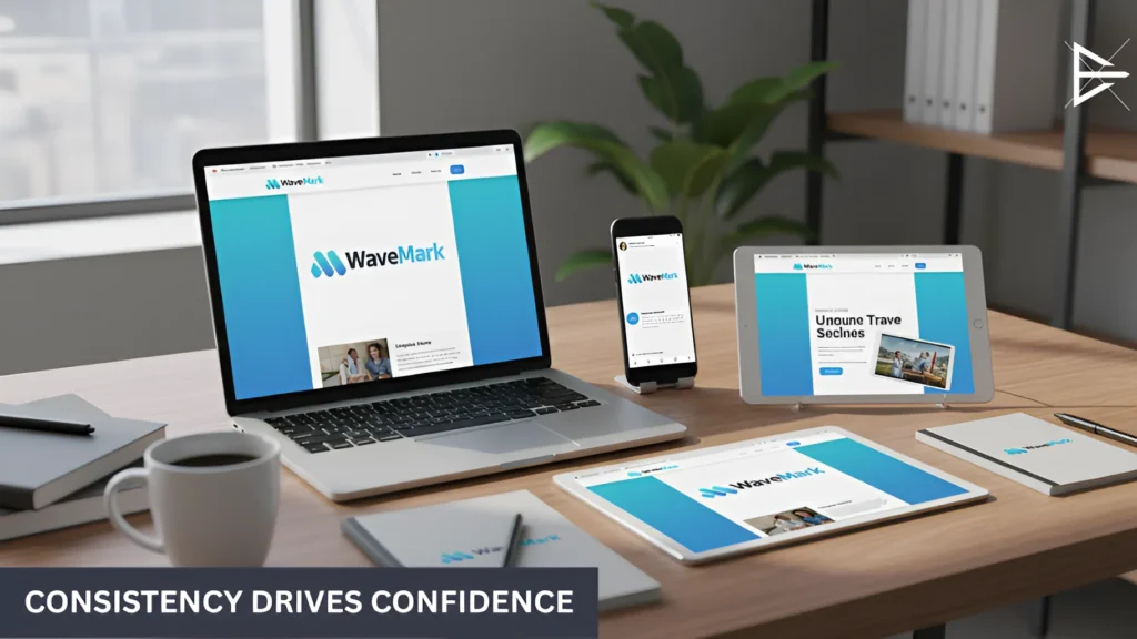 Multiple devices on a workspace showing the same cohesive brand design, representing how consistent branding builds confidence and encourages users to take action.