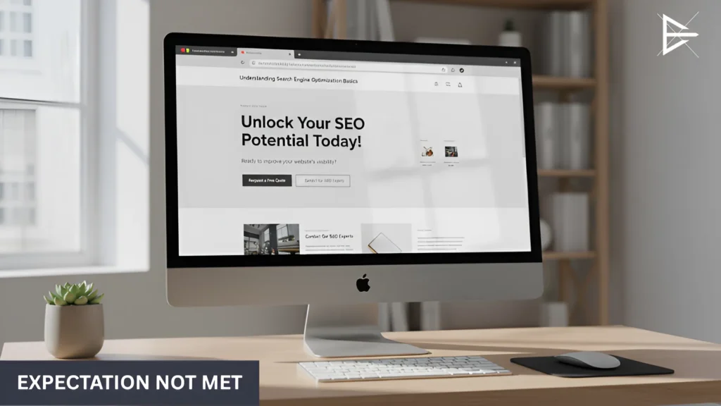 Website landing page shown on a desktop computer that fails to match search intent despite being indexed