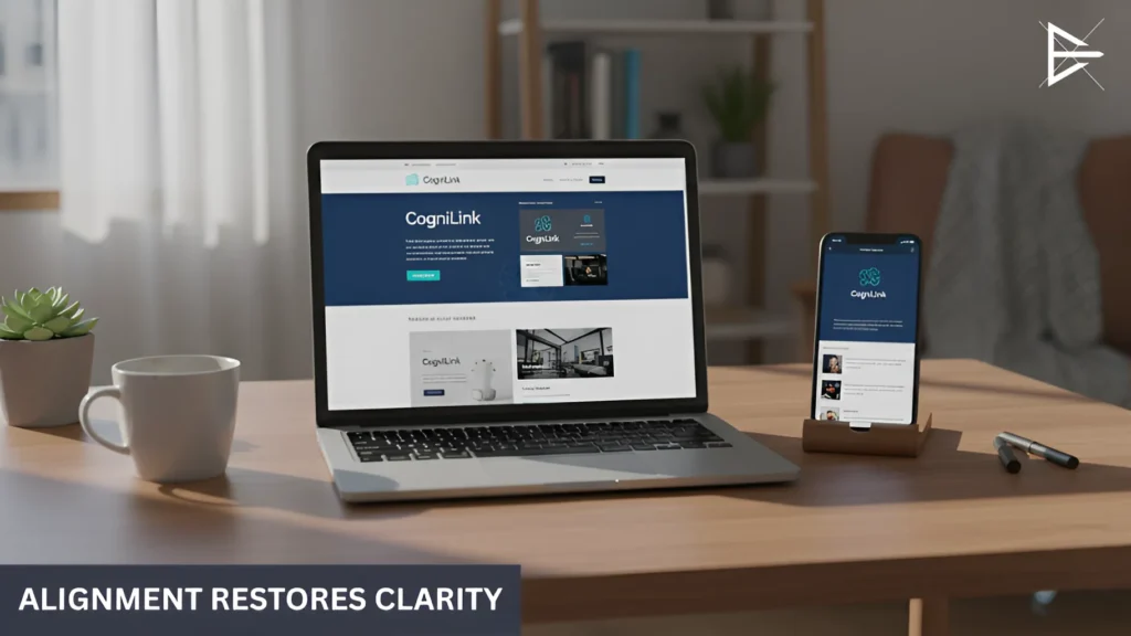 Desk scene with a laptop and phone displaying aligned brand visuals, symbolizing how bringing branding back into alignment restores clarity and confidence.