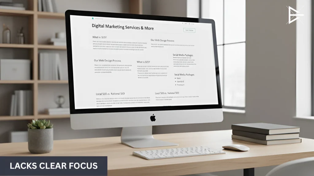 SEO services page on a desktop screen with scattered topics and no clear keyword focus
