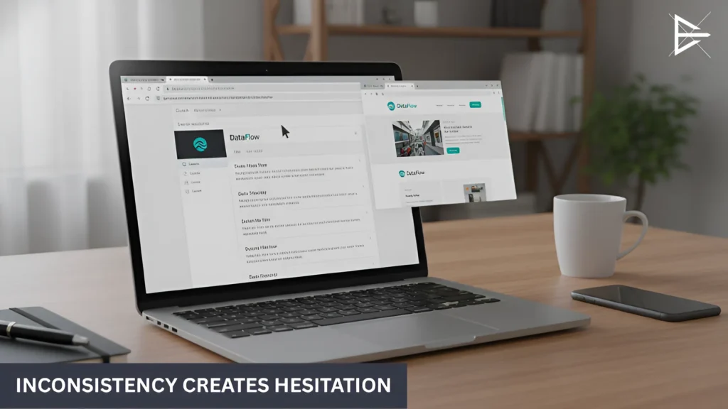 Laptop and phone showing different website styles and layouts, highlighting how inconsistent branding can confuse users and cause hesitation.