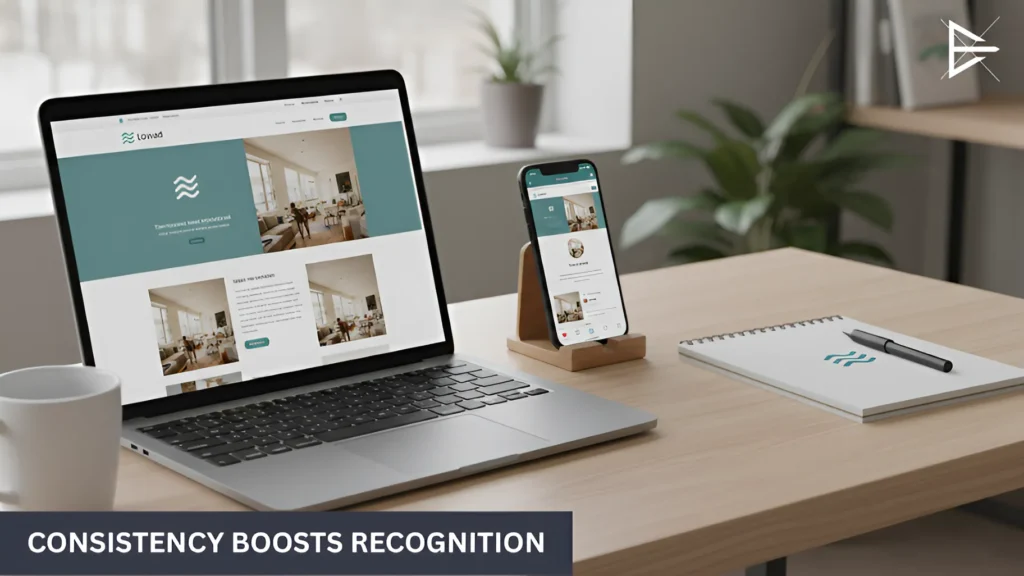Laptop and mobile screen displaying repeated brand visuals and layouts, illustrating how consistent branding helps people recognize a business more quickly.