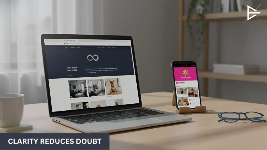 Laptop and mobile screen displaying repeated brand visuals and layouts, illustrating how consistent branding helps people recognize a business more quickly.