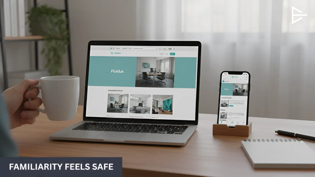 Laptop and smartphone displaying the same website design and brand style, showing how familiar branding makes visitors feel more comfortable and confident online.
