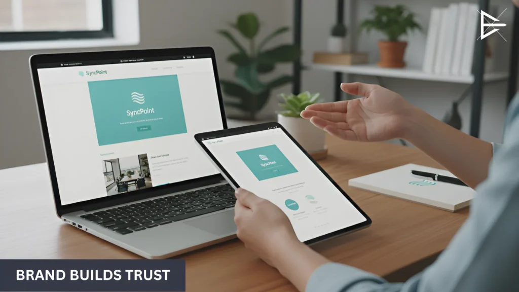 Person reviewing the same brand on a laptop and tablet at a desk, demonstrating how aligned branding across screens helps build trust and credibility with users.