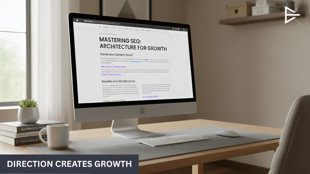 Desktop computer displaying a structured SEO article showing clear content direction and site architecture