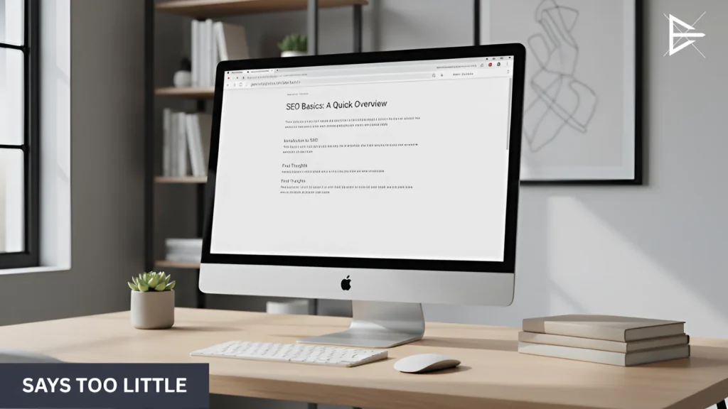 Thin content webpage displayed on a desktop monitor with limited information and low SEO depth