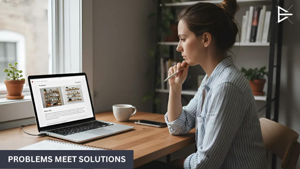 Woman thinking through a problem while reviewing content on a laptop, connecting social media challenges with clear solutions.