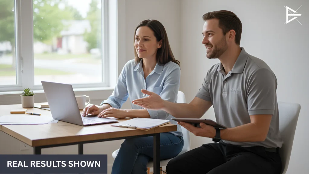 Two professionals discussing results at a table with a laptop and tablet, reviewing outcomes from social media efforts.