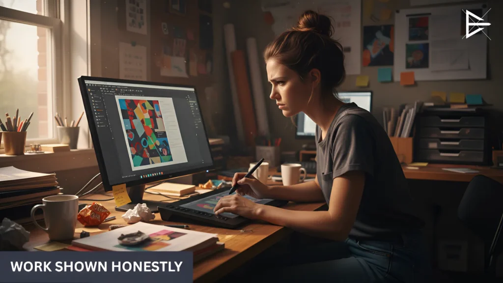 Designer working at a computer with creative tools visible, showing real behind-the-scenes social media work in progress.