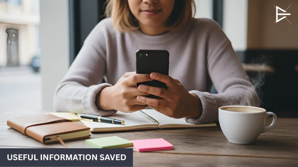 Person holding a smartphone over a notebook and sticky notes, saving helpful social media tips for later reference.