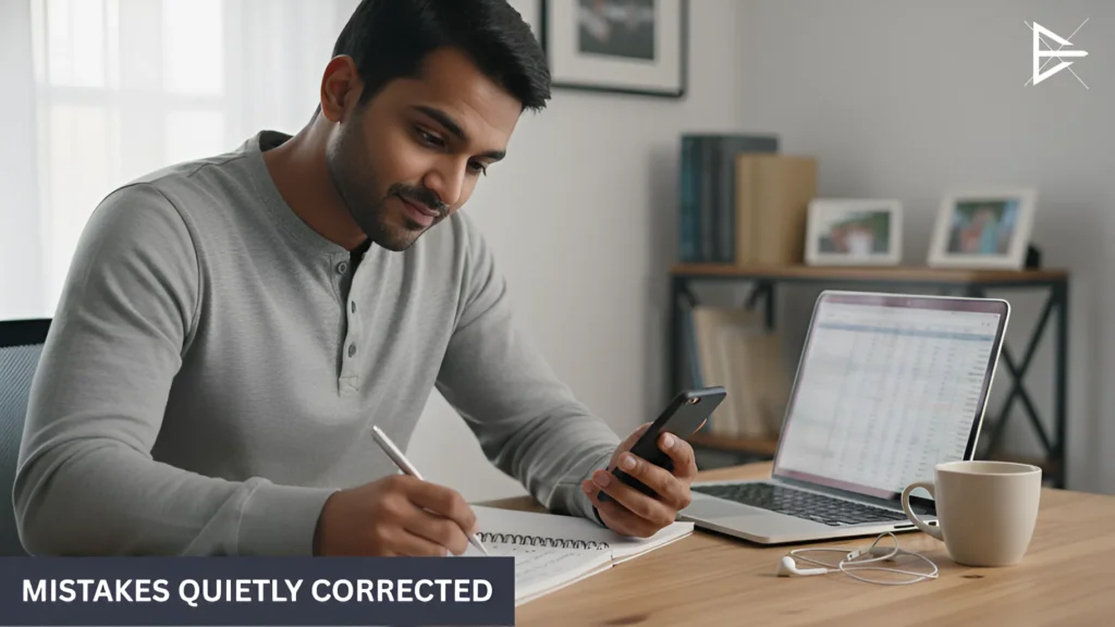 Man reviewing notes and a phone beside a laptop, adjusting social media plans after spotting small mistakes.