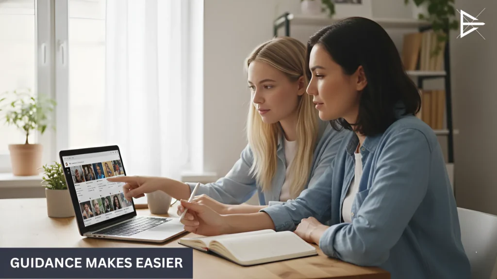 Two people reviewing social media content together on a laptop, planning posts with guidance and clarity at a shared desk.