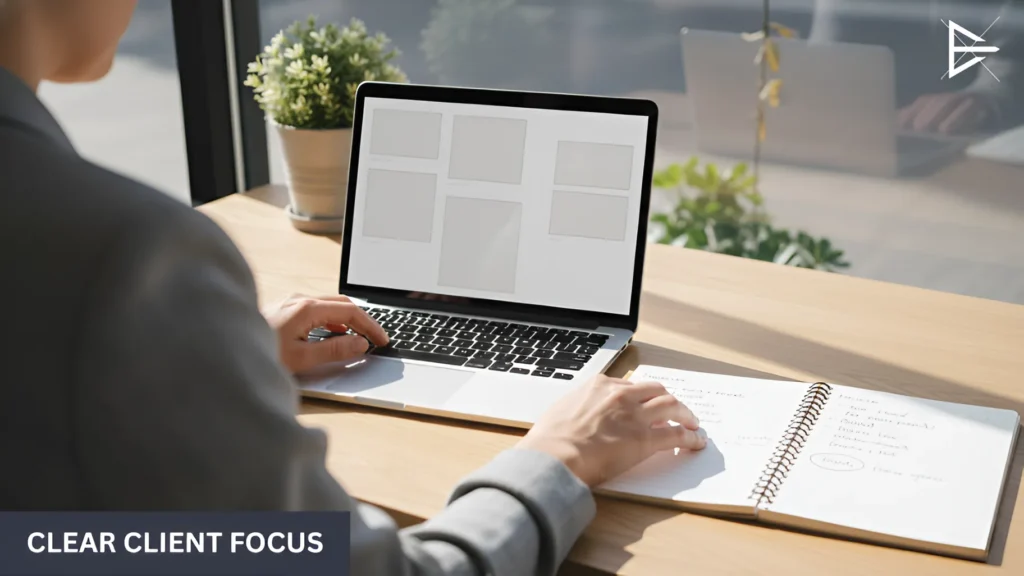 Person organizing content ideas and notes on a laptop to clearly define the type of client they want to attract.
