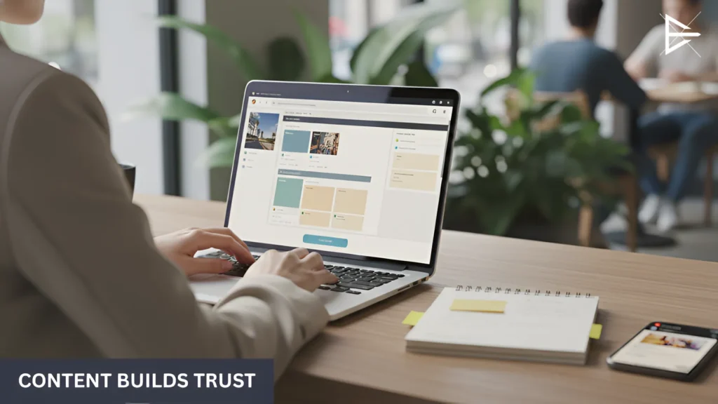 Person creating educational social media content on a laptop to build trust and credibility with potential clients.