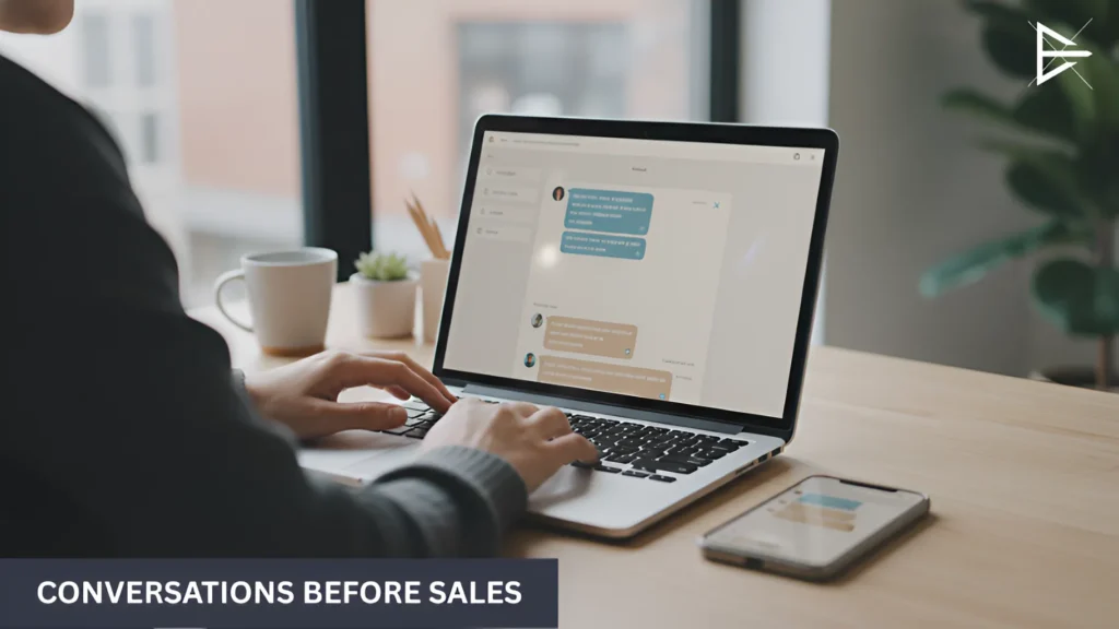 Person responding to direct messages on a laptop, showing natural conversations that lead to client relationships.