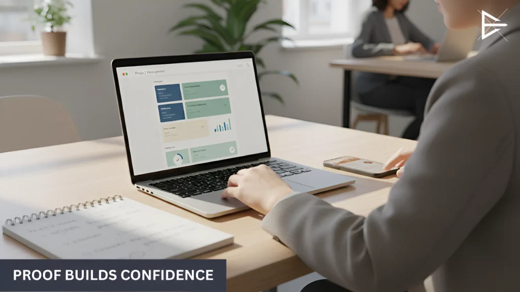 Laptop displaying past work and results, showing social proof that helps potential clients feel confident reaching out.