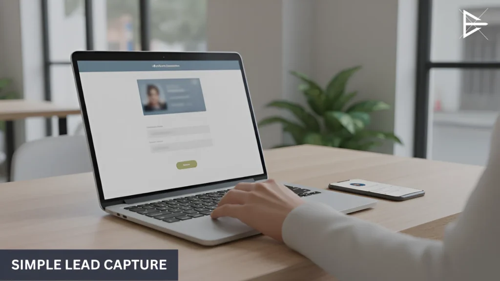 Laptop showing a simple signup or lead capture page connected to social media activity.