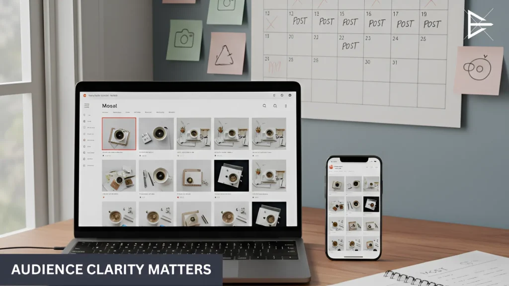 Laptop on a desk showing a content planning board and posting schedule, illustrating consistent posting without a clear strategy.